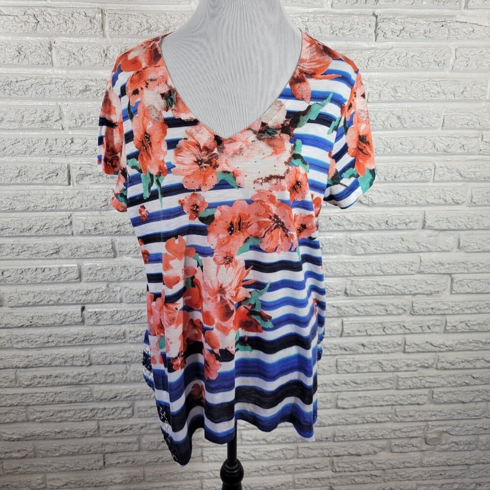 Time and Tru XL 16-18 Top‎ Red Blue Floral Rhinestones Crochet Jersey FLO33E